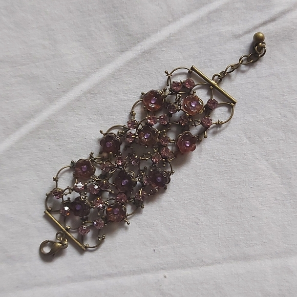 Vintage Purple Stone Flower and Rhinestone Filigree Chain Bracelet - Picture 7 of 7